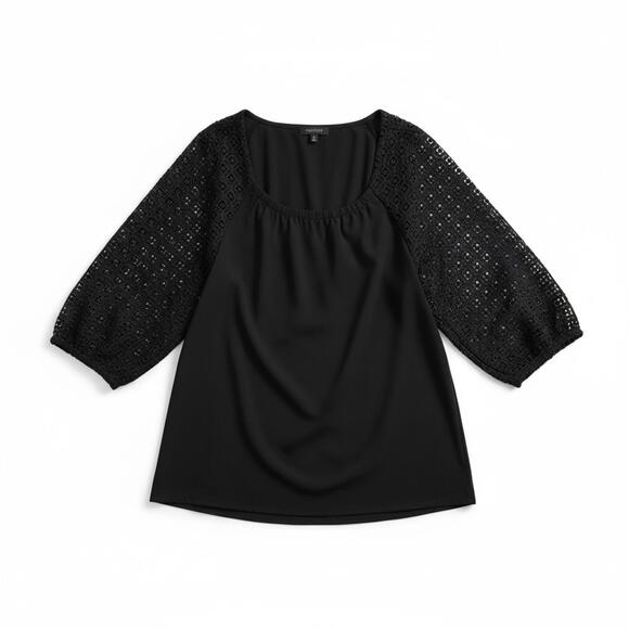 Talbots Tops - Talbots Plus 3X Navy Blue Blouse Eyelet Lace Balloon Sleeves Scoop Neck